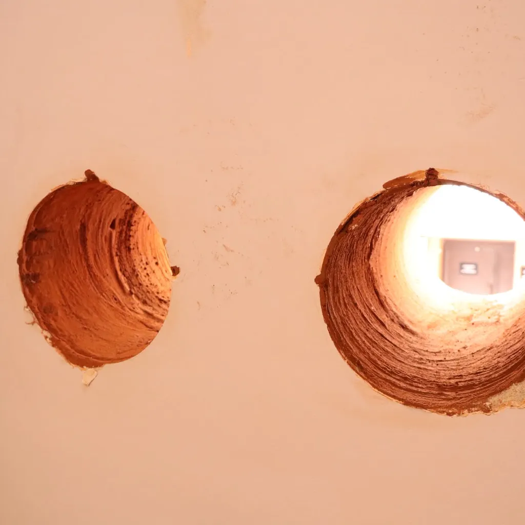 Deux carottages nets dans un mur en brique, vus de l’intérieur