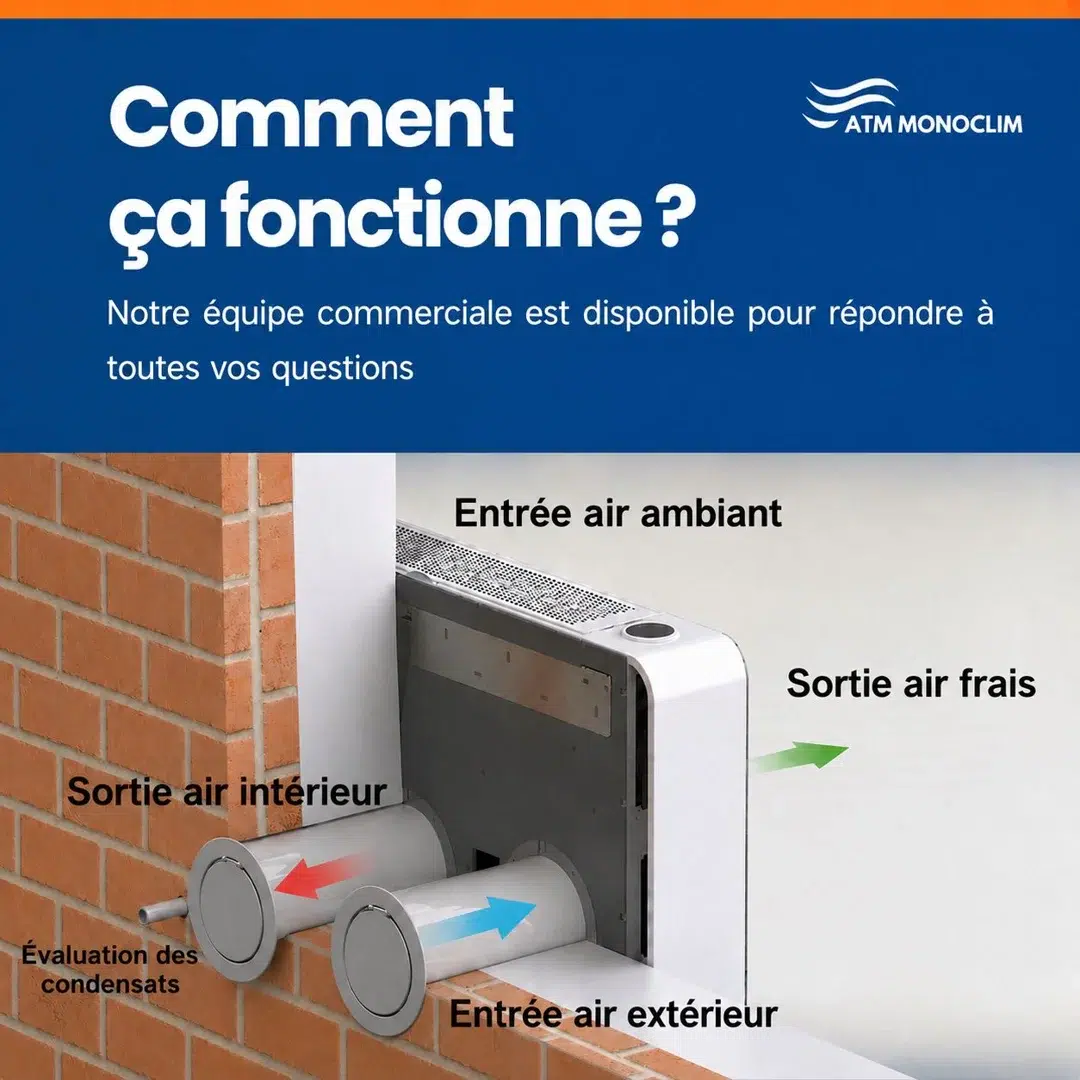 Schéma d’un climatiseur monobloc : entrée et sortie d’air extérieur par deux trous dans le mur, entrée d’air ambiant et sortie d’air frais dans la pièce, évacuation des condensats